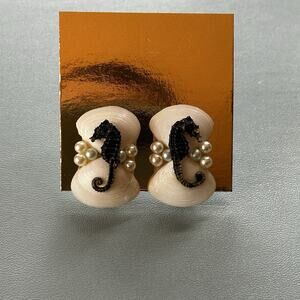 Shell & Pearl Seahorse Stud Earrings, Screw-Back, White & Black, Asymmetrical